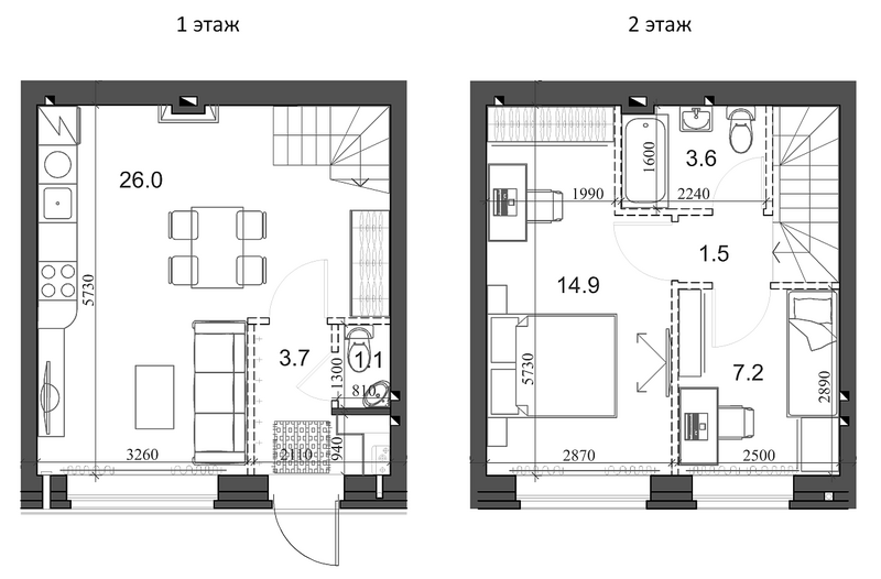 Планировка таунхаус 58.90 м² в ЖК «Коттеджный поселок Березки Новолуговое»