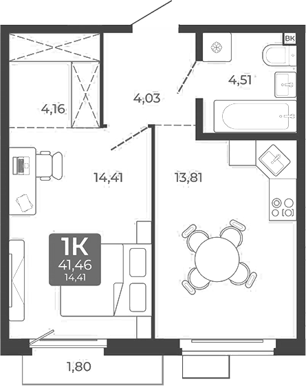 Планировка 1-к.кв 40.92 м² в ЖК «Дом в Мичуринском»