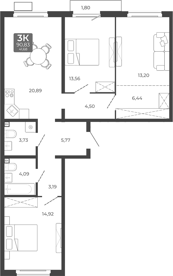 Планировка 3-к. квартира 90.29 м² в ЖК «Дом в Мичуринском»