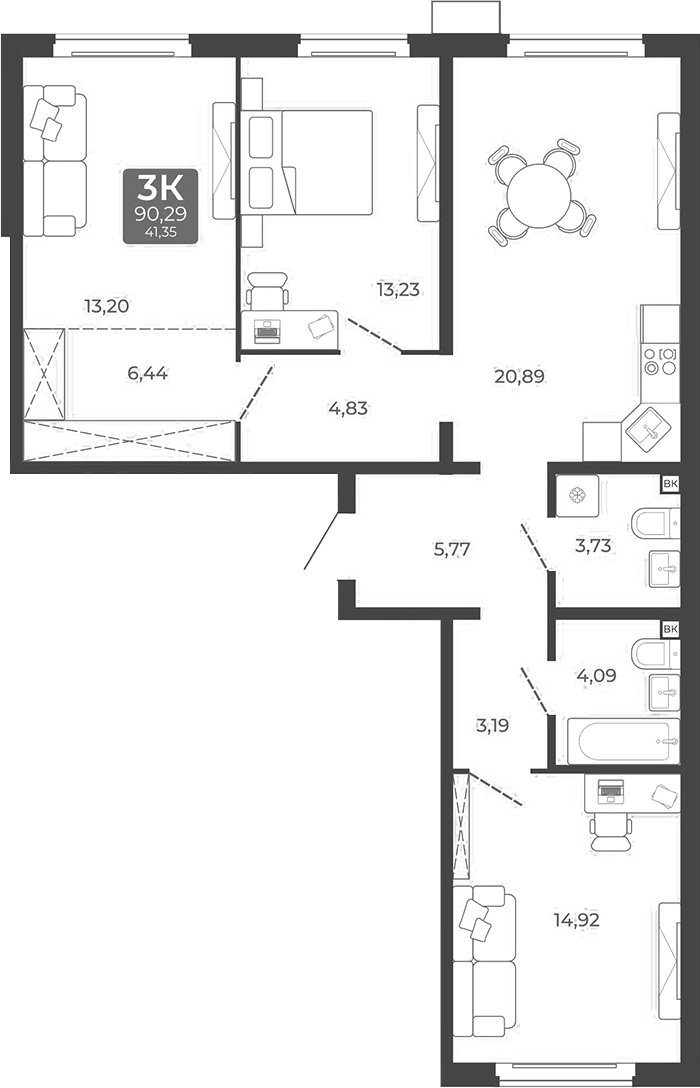Планировка 3-к. квартира 90.29 м² в ЖК «Дом в Мичуринском»