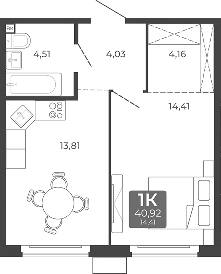 Планировка 1-к. квартира 40.92 м² в ЖК «Дом в Мичуринском»