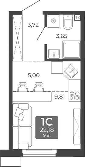 Планировка студии 22.18 м² в ЖК «Дом в Мичуринском»