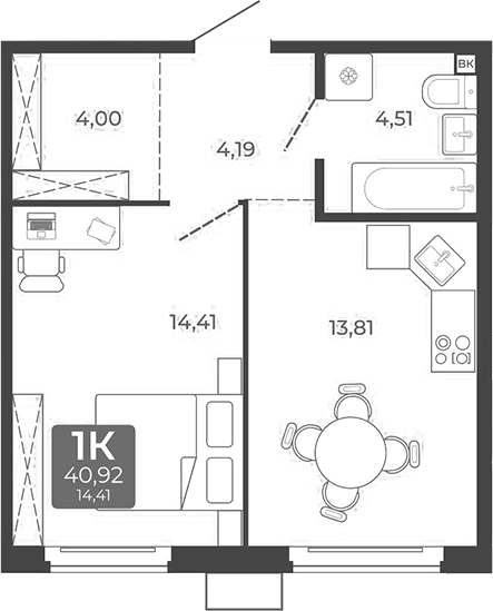Планировка 1-к. квартира 40.92 м² в ЖК «Дом в Мичуринском»