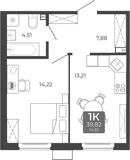 Планировка 1-к. квартира 39.82 м² в ЖК «Дом в Мичуринском»
