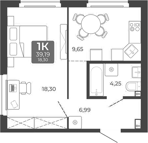 Планировка 1-к. квартира 39.19 м² в ЖК «Дом в Мичуринском»