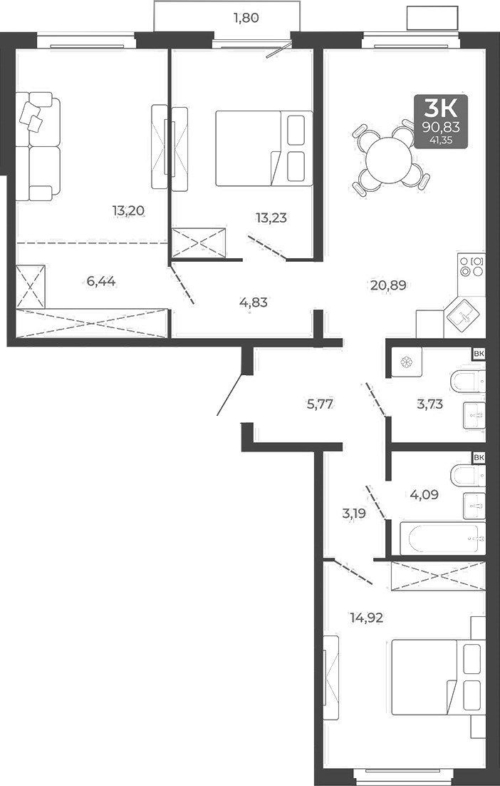Планировка 3-к. квартира 90.29 м² в ЖК «Дом в Мичуринском»