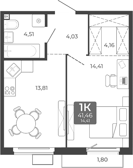 Планировка 1-к. квартира 40.92 м² в ЖК «Дом в Мичуринском»