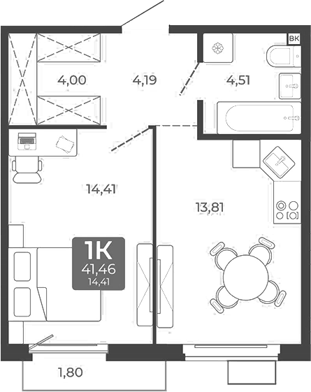 Планировка 1-к. квартира 40.92 м² в ЖК «Дом в Мичуринском»