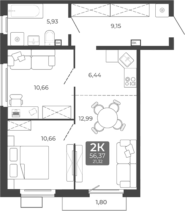 Планировка 2-к. квартира 55.83 м² в ЖК «Дом в Мичуринском»
