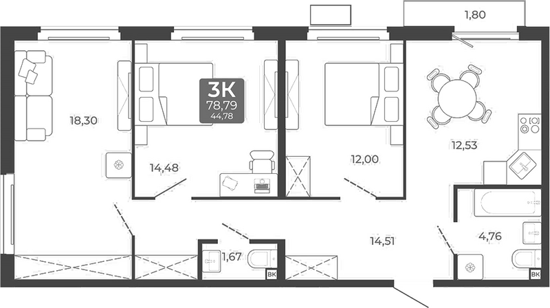 Планировка 3-к.кв 78.25 м² в ЖК «Дом в Мичуринском»