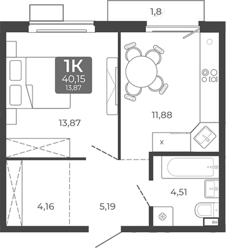 Планировка 1-к. квартира 39.61 м² в ЖК «Дом в Мичуринском»