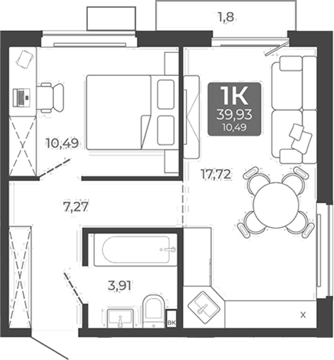 Планировка 1-к. квартира 39.39 м² в ЖК «Дом в Мичуринском»