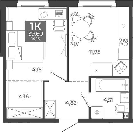 Планировка 1-к.кв 39.60 м² в ЖК «Дом в Мичуринском»