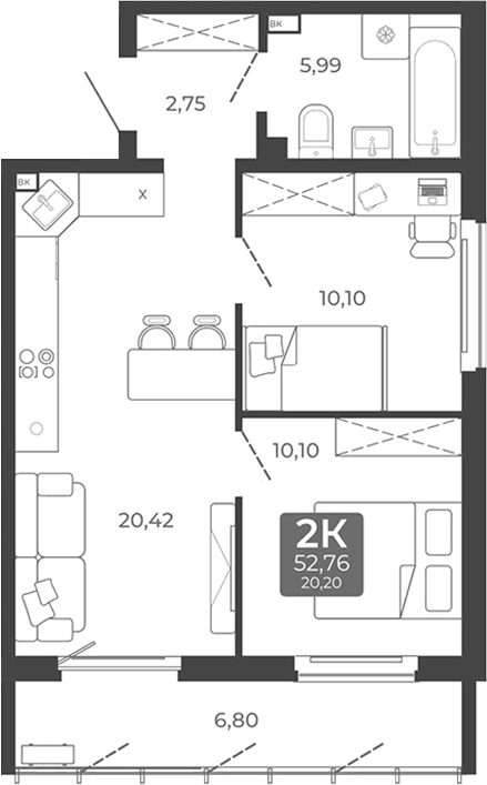 Планировка 2-к. квартира 49.36 м² в ЖК «Дом в Мичуринском»