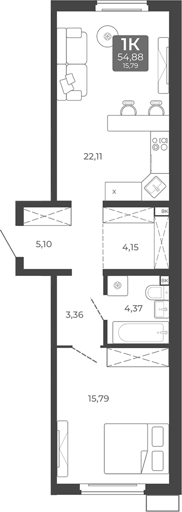 Планировка 1-к. квартира 54.88 м² в ЖК «Дом в Мичуринском»