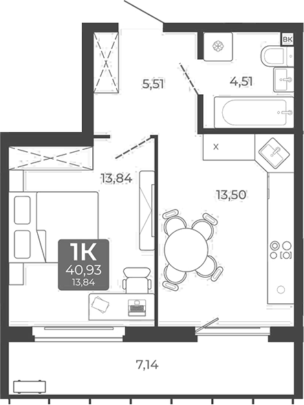 Планировка 1-к. квартира 37.36 м² в ЖК «Дом в Мичуринском»