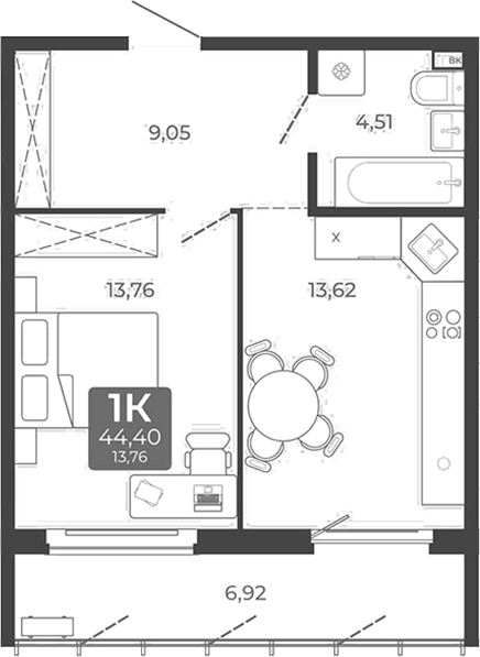 Планировка 1-к. квартира 40.94 м² в ЖК «Дом в Мичуринском»