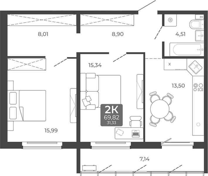 Планировка 2-к. квартира 66.25 м² в ЖК «Дом в Мичуринском»