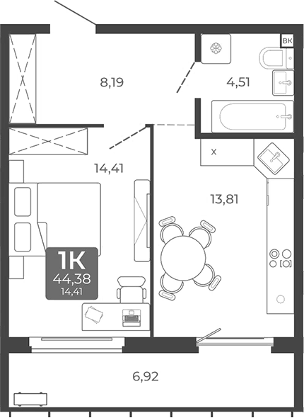 Планировка 1-к. квартира 40.92 м² в ЖК «Дом в Мичуринском»