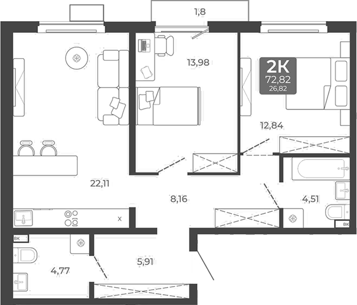 Планировка 2-к. квартира 72.28 м² в ЖК «Дом в Мичуринском»