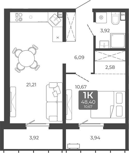 Планировка 1-к. квартира 44.47 м² в ЖК «Дом в Мичуринском»