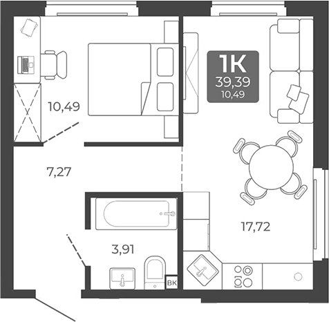 Планировка 1-к. квартира 39.39 м² в ЖК «Дом в Мичуринском»