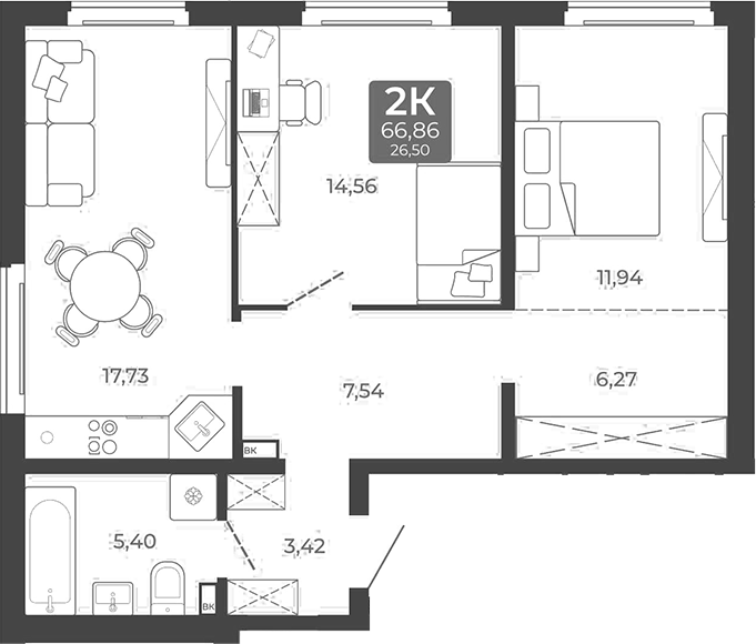 Планировка 2-к. квартира 66.86 м² в ЖК «Дом в Мичуринском»