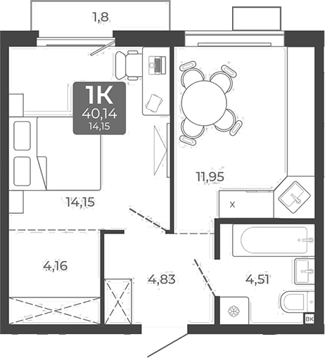 Планировка 1-к. квартира 39.60 м² в ЖК «Дом в Мичуринском»