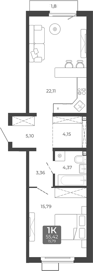 Планировка 1-к. квартира 54.88 м² в ЖК «Дом в Мичуринском»
