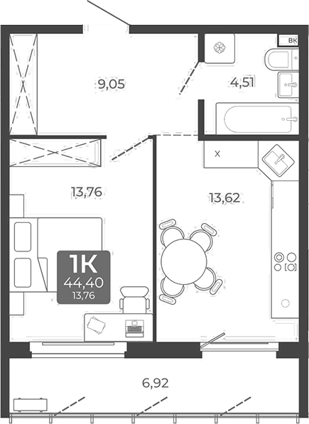 Планировка 1-к.кв 40.94 м² в ЖК «Дом в Мичуринском»