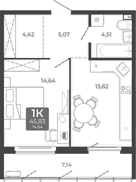 Планировка 1-к. квартира 42.26 м² в ЖК «Дом в Мичуринском»