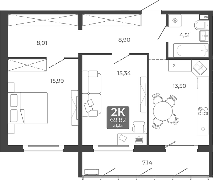 Планировка 2-к.кв 66.25 м² в ЖК «Дом в Мичуринском»