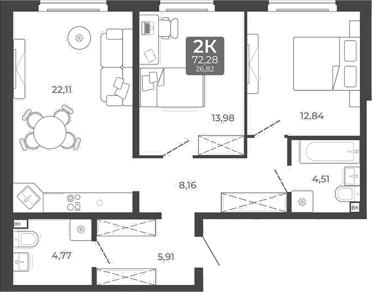 Планировка 2-к. квартира 72.28 м² в ЖК «Дом в Мичуринском»