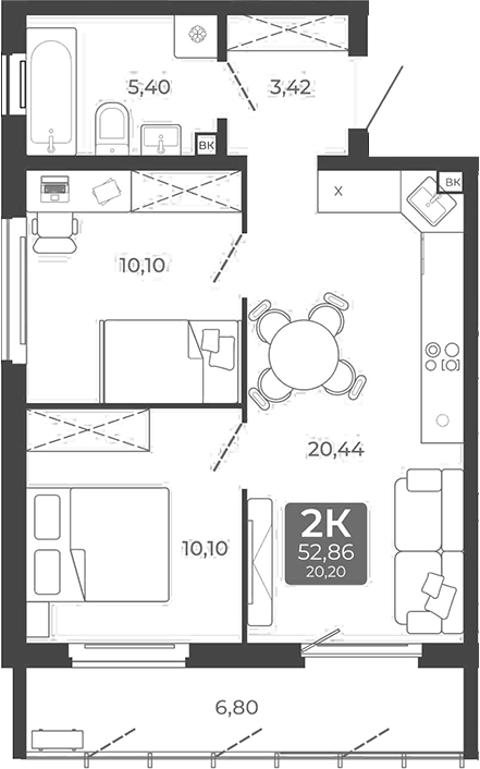 Планировка 2-к. квартира 49.46 м² в ЖК «Дом в Мичуринском»