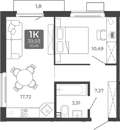 Планировка 1-к. квартира 39.39 м² в ЖК «Дом в Мичуринском»