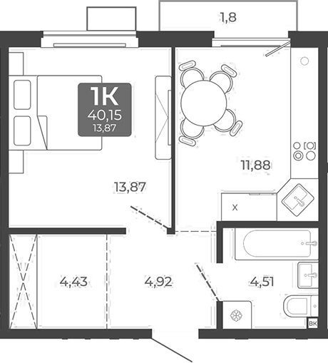 Планировка 1-к.кв 39.61 м² в ЖК «Дом в Мичуринском»