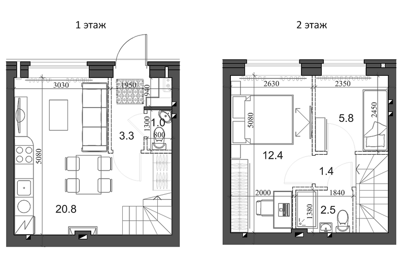 Планировка таунхаус 48.40 м² в ЖК «Коттеджный поселок Березки Новолуговое»