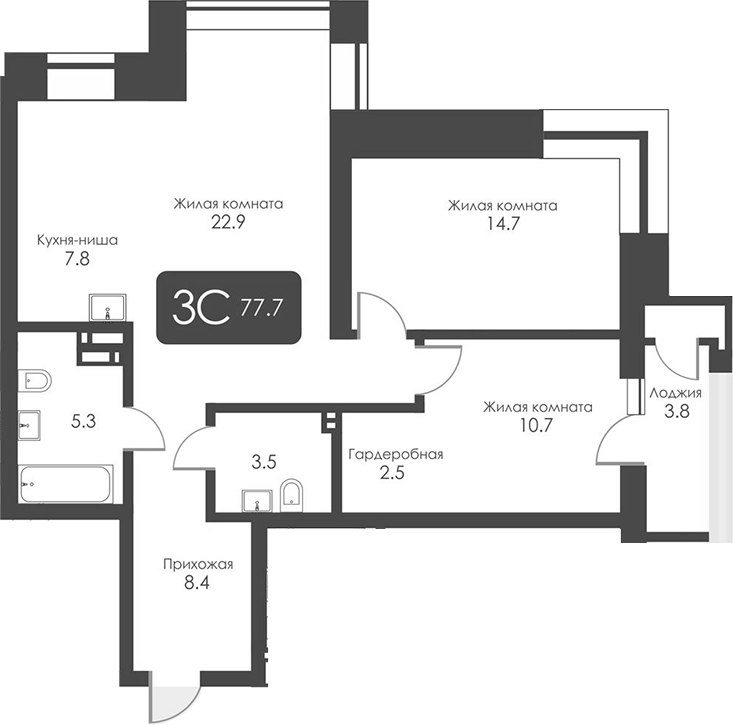 Планировка 3-к.кв 75.80 м² в ЖК «Сити Тауэрс»