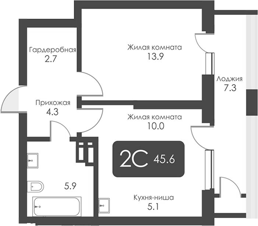 Планировка 2-к.кв 41.95 м² в ЖК «Сити Тауэрс»