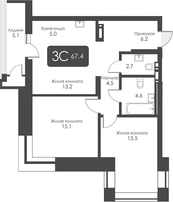 Планировка 3-к.кв 64.85 м² в ЖК «Сити Тауэрс»