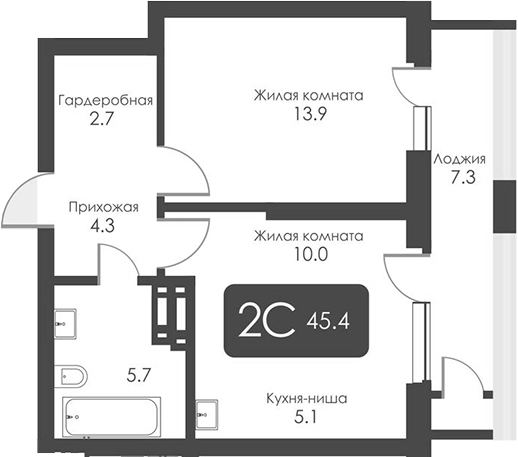 Планировка 2-к.кв 41.75 м² в ЖК «Сити Тауэрс»