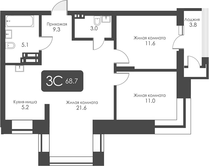 Планировка 3-к. квартира 66.80 м² в ЖК «Сити Тауэрс»