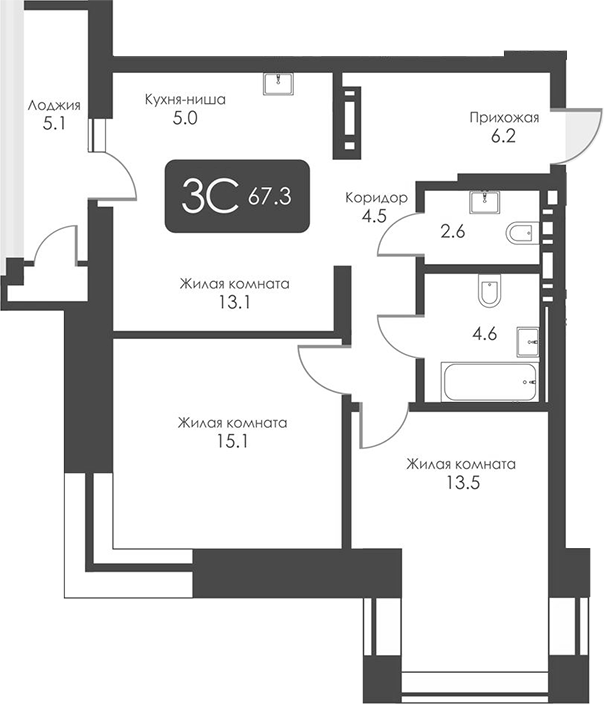 Планировка 3-к.кв 64.75 м² в ЖК «Сити Тауэрс»
