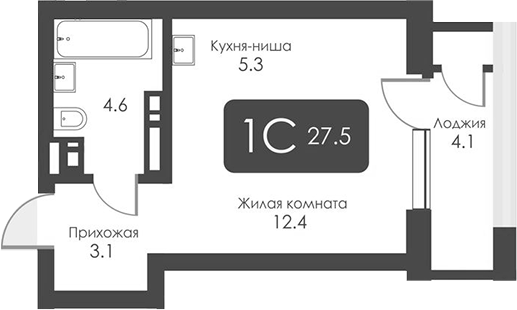 Планировка студии 25.45 м² в ЖК «Сити Тауэрс»