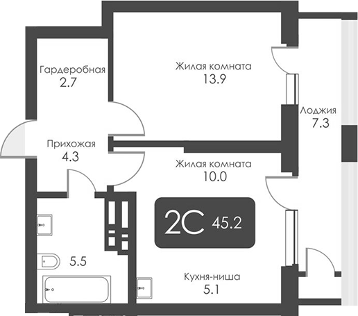 Планировка 2-к. квартира 41.55 м² в ЖК «Сити Тауэрс»