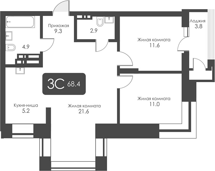 Планировка 3-к.кв 66.50 м² в ЖК «Сити Тауэрс»
