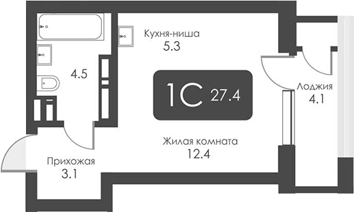 Планировка студии 25.35 м² в ЖК «Сити Тауэрс»