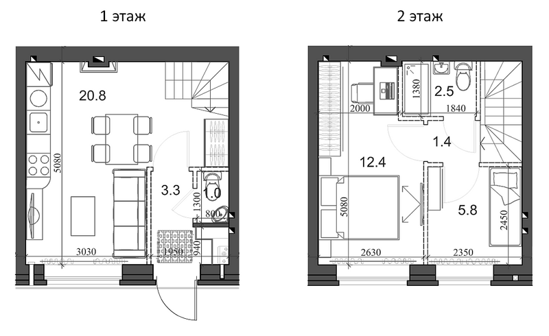 Планировка таунхаус 48.20 м² в ЖК «Коттеджный поселок Березки Новолуговое»