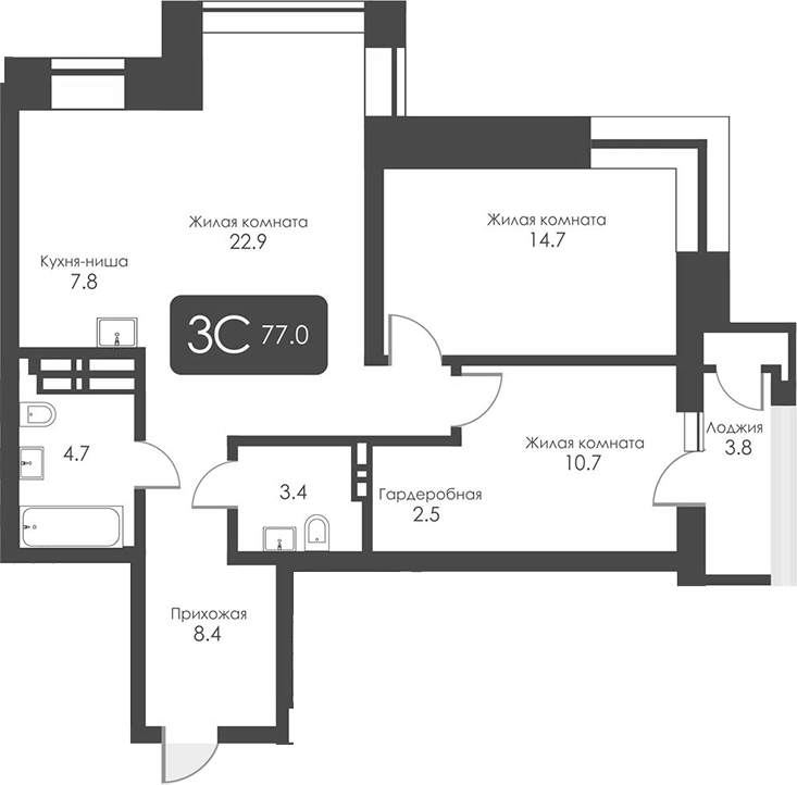 Планировка 3-к.кв 75.10 м² в ЖК «Сити Тауэрс»