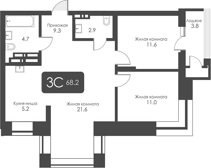 Планировка 3-к.кв 66.30 м² в ЖК «Сити Тауэрс»